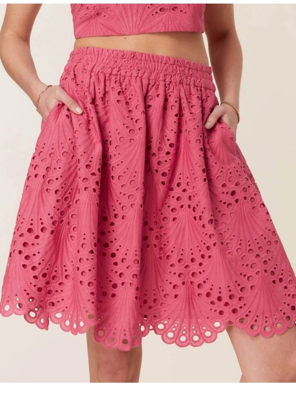 NWT Andie Swim The Mona Skirt Scalloped Eyelet Lace Rosette Pink Womens Size S